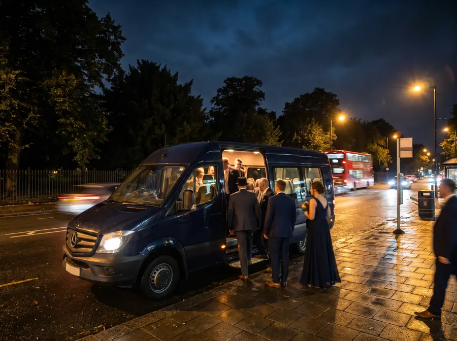 A dark navy 16-seat minibus at the kerb on the road beside Manor Park in Sutton at night, wet tarmac reflecting orange streetlights, a wedding party in hats and formal dress boarding through the open door