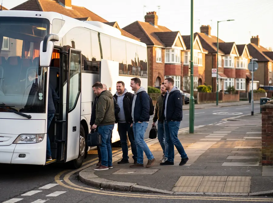 A white touring coach at the kerb on a Sutton street of 1930s semi-detached houses in low golden late-afternoon sun, long shadows, a group of men in casual clothes boarding for a day out